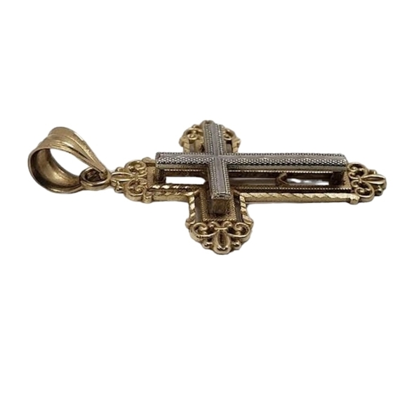 14K Two-Tone Solid Gold Vintage Cross Pendant 1.6g 1.25"H - Picture 7 of 11